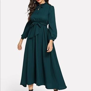Ruffle neck bishop sleeve long line dress
